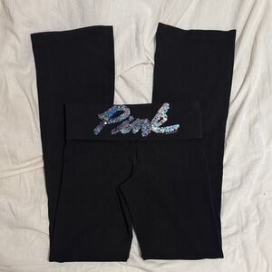 PINK Victoria's Secret Black Fold Over Flare Pants with Sequin Logo